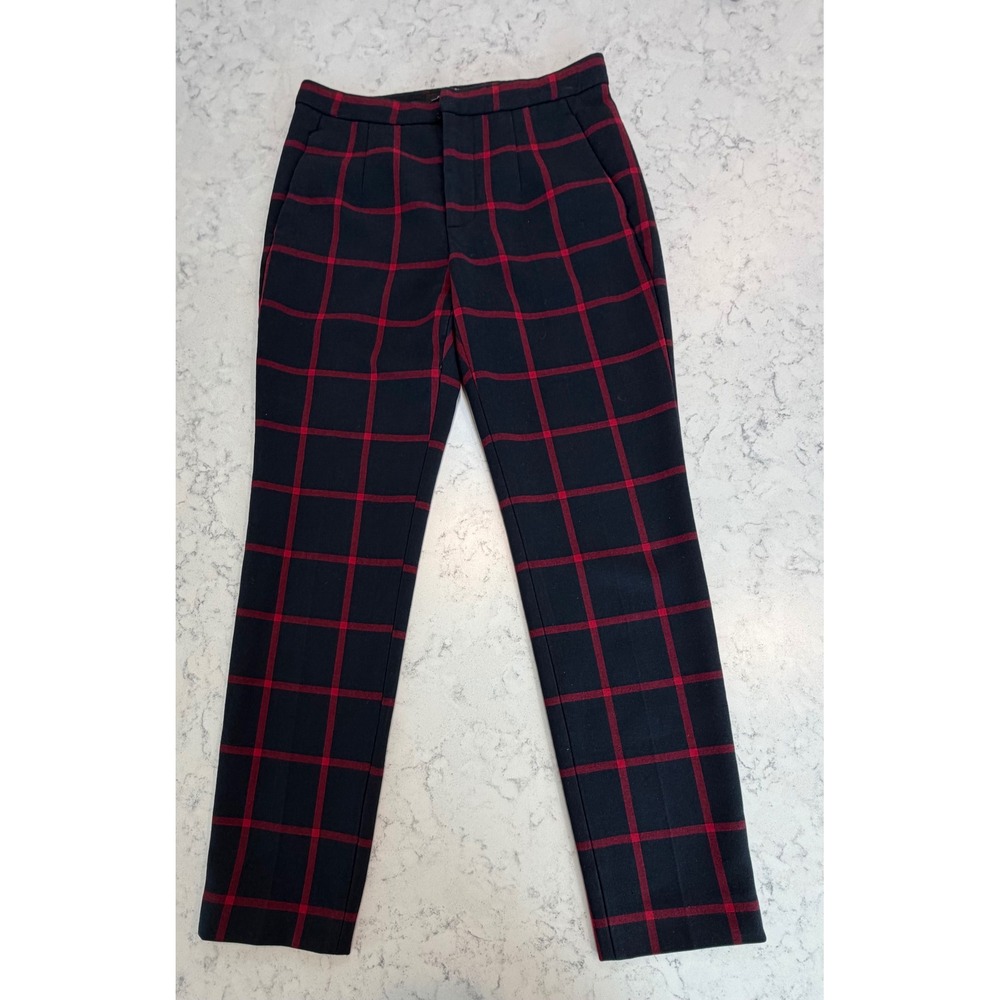 Zara‎ Woman Navy Blue Red Plaid Windowpane Slim Leg Trousers Pants Size S